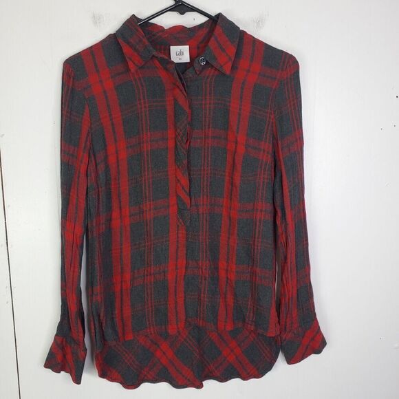 Cabi Cunningham Shirt WOmens XS Gray Red Peplum Hidden Button Down Cabincore - Picture 1 of 9